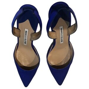 Manolo Blahnik Carolyne Blue Satin Slingback Pointed Heels